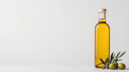 Golden Olive Oil Bottle: A tall, elegant bottle of golden olive oil stands proudly, accompanied by a sprig of fresh olives, suggesting purity, quality, and the essence of Mediterranean cuisine.