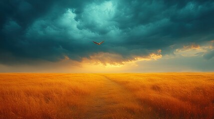 Fototapeta premium Golden field, lone bird, dramatic sunset sky.
