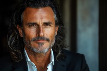 Obraz premium Mature man with long hair in formal attire poses confidently against a blurred background