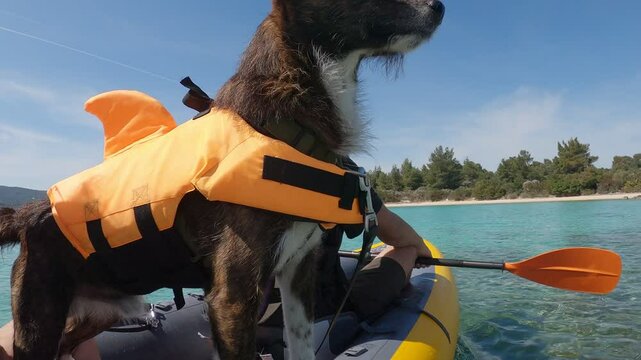 Man and dog on a kayak on the turquoise water sea of Greece