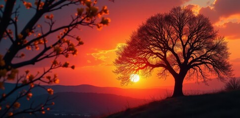 Silhouetted willow branches, vibrant yellow buds against fiery sunset , warm, serene