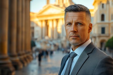 Confident man in a suit stands in a historic city square during sunset, showcasing elegance and...