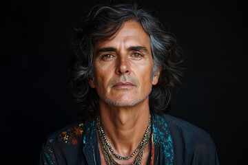 Fototapeta premium Mature man with long hair and jewelry, showcasing a thoughtful expression against a dark backdrop