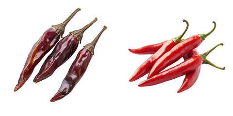 Fresh Red and Dried Chili Peppers, isolated on transparent background.