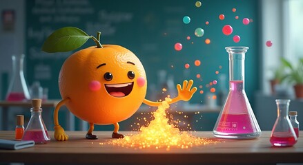 Cheerful Cartoon Orange Character Conducting Science Experiment