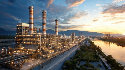 Obraz premium Majestic Sunset Over an Expansive Petrochemical Plant with Industrial Towers and Reflection in Calm River Water