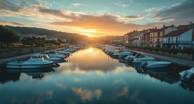 A photograph of the picturesque port town in Moal, El Lugo. The marina's clear waters