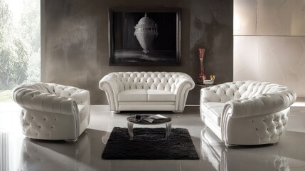 Modern white leather sofa set in luxury home