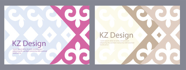 Set of kazakh graphic design templates for card, banner, flyer. Ethnic ornament, national ornament on background. Simple abstract minimal ornament texture. Decorative art of nomads.