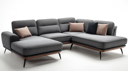 Grey sectional sofa, modern design, studio, white background, home decor