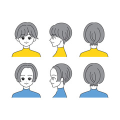 ショートヘアの女性の顔アイコンセット（正面・横顔・後ろ姿）【ベクターイラスト】