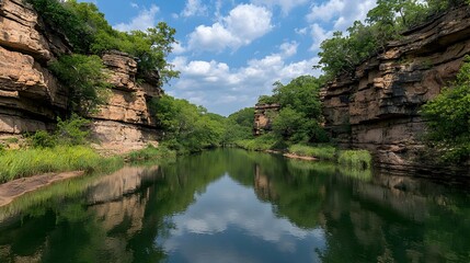 Serene River Reflection in a Rocky Canyon