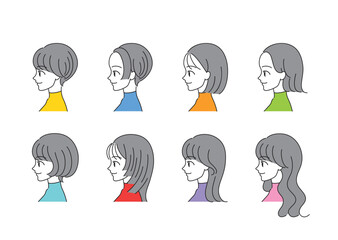 女性の顔アイコンセット（横顔）【ベクターイラスト】