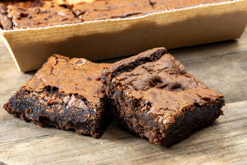 American chocolate brownie, dark chocolate baked dessert bar fudgy or cakey sweet dessert