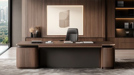Modern office desk, city view, luxury interior