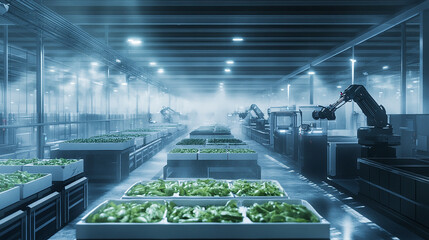 A massive frozen food factory with robotic arms packing