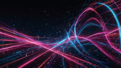 A mesmerizing abstract 3D design with vivid pink and blue neon lines intersecting in fast-moving arcs