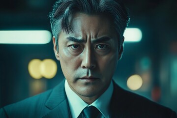 Intense portrait of a man in a suit with a serious expression in a dimly lit urban setting