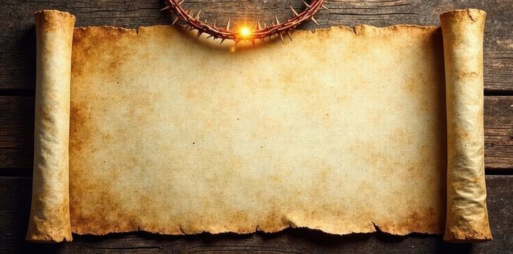 Worn crown of thorns, distressed parchment scroll, art, wood, graphic