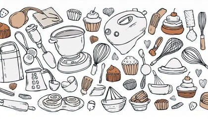 Hand drawn set of baking and cooking tools, mixer, cake, spoon, cupcake, scale. Doodle sketch style. Illustration for frame, banner, bakery site design.