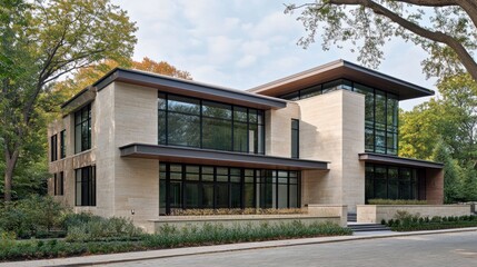 Modern house, autumn trees, suburban street