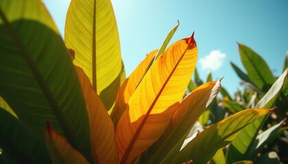 Obraz premium Looking Up at Exotic Leaves Against a Blue Sky Backdrop