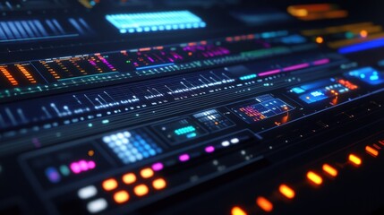 A closeup view of a virtual production console displaying various software interfaces used for realtime rendering and graphics manipulation. The console features touchsensitive controls