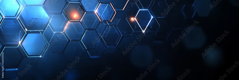 Poster blue hexagon grid lines illuminated on dark futuristic background, technology and data visualization