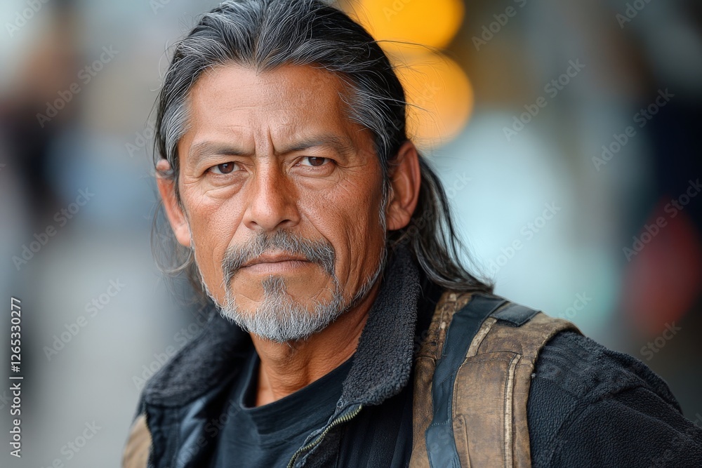 Poster portrait of a man with long hair and a rugged look in an urban setting during the day