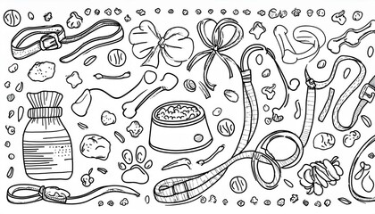 Hand drawn set of dog and pet accessories elements: bone, food, leash. For the design of dog themes: training, caring, grooming a dog. Doodle sketch style perfect any project.