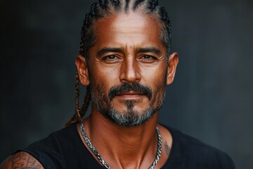 Obraz premium Portrait of a man with braided hair and tattoos, exuding confidence and strength against a dark backdrop