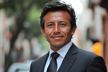 Naklejka premium Confident businessman smiles in urban setting on a sunny day, showcasing professional attire and charisma