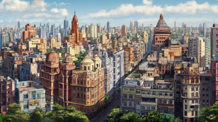 Naklejka premium Cityscape panorama bustling streets, colonial architecture, modern skyline