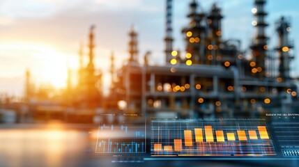 Industrial Petrochemical Facility with Data Analytics Overlay Showcasing Efficiency and Production Metrics Against Sunset Background