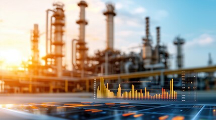 Detailed Visualization of Petrochemical Industrial Facility with Data Analytics Displaying Progress and Performance Metrics in Modern Manufacturing Environment