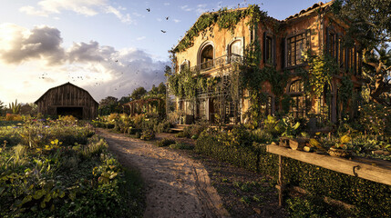 Naklejka premium A picturesque countryside scene featuring a charming, vine-covered house beside a rustic barn at sunset, surrounded by lush gardens and a winding path