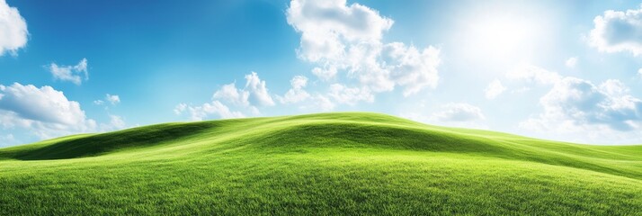 Green Rolling Hills Under a Bright Blue Sky on a Clear Summer Day, Vibrant Pastoral Landscape