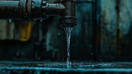 Water flows from a metal pipe in an industrial setting