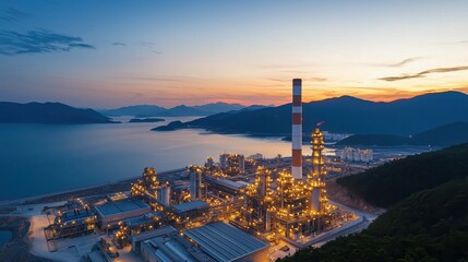 Naklejka premium Aerial View of Petrochemical Plant at Sunset Overlooking Calm Water with Mountains in Background and Bright Industry Lights