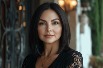 Naklejka premium Elegant woman with dark hair poses in a stylish setting showcasing confidence and beauty in a modern environment