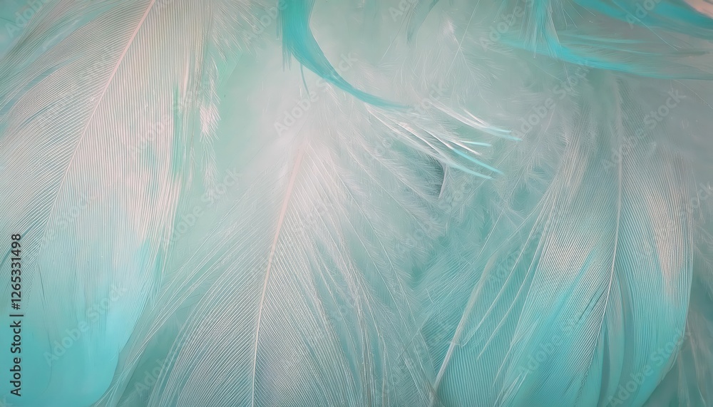 Poster soft mint colored bird feathers close-up, fine texture and delicate details for design or artistic projects