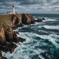 A rugged coastline with crashing waves and a lighthouse on the cliff.