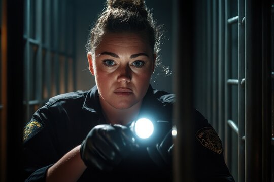 Female prison guard conducts inspection of inmates cell with flashlight in dark setting