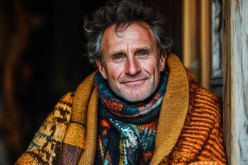 Middle-aged man wrapped in cozy blanket smiles warmly in a rustic setting during early evening hours
