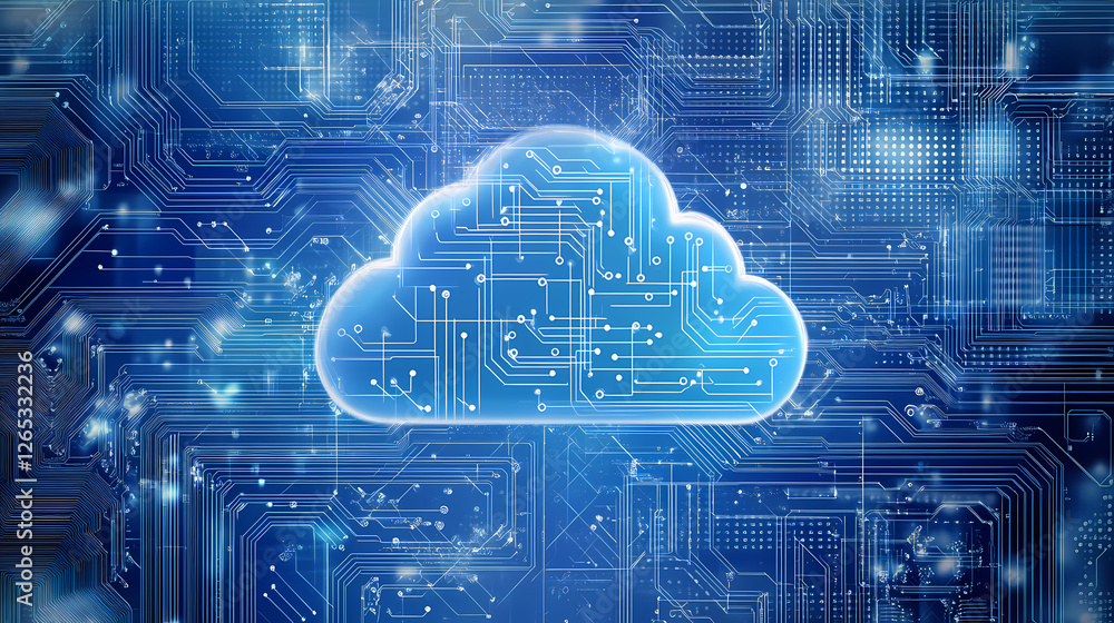 Poster tech-inspired blue circuit board with cloud pattern