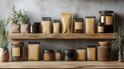 Fototapeta premium Earth-tone themed branding mockup with neutral backgrounds, warm-toned packaging, and soft natural light with copy space