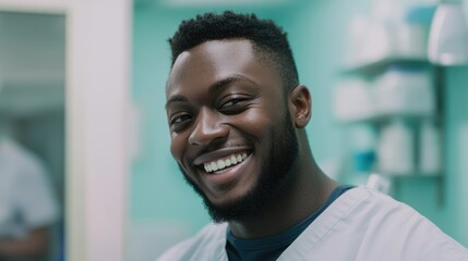 Obraz premium Happy doctor smiling clinic background