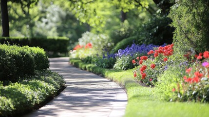 Fototapeta premium Winding path through landscaped garden with colorful flowers