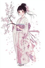 Anime Girl in Kimono with Cherry Blossoms