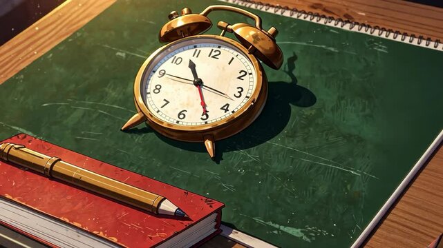 Video footage of vintage alarm clock on a green chalkboard with a red notebook and pen, evoking a nostalgic and academic atmosphere